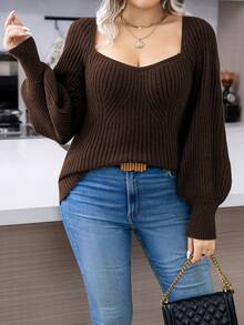 SHEIN LUNE Plus Size Casual Solid Color Lantern Sleeve Sweater, Autumn/Winter - Coffee Brown - View 3
