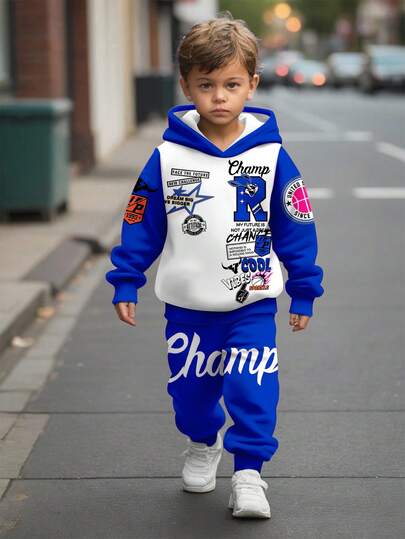 Boys' Champion Streetwear Tracksuit Set - Red Graphic Hoodie & Jogger Pants, Sports Outfit 2025, Cool Kid Urban Style Young Boys, Loose Casual Minimalist Comfortable Long Sleeve Hoodie 2 Pieces Set, Suitable For Autumn/Winter