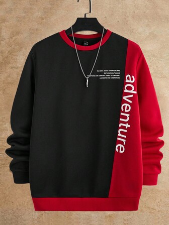 Manfinity NXTstreet Men's Casual Street Chic Slogan Print Two-Tone Crew Neck Sweatshirt, For Fall, Winter, Long Sleeve Top