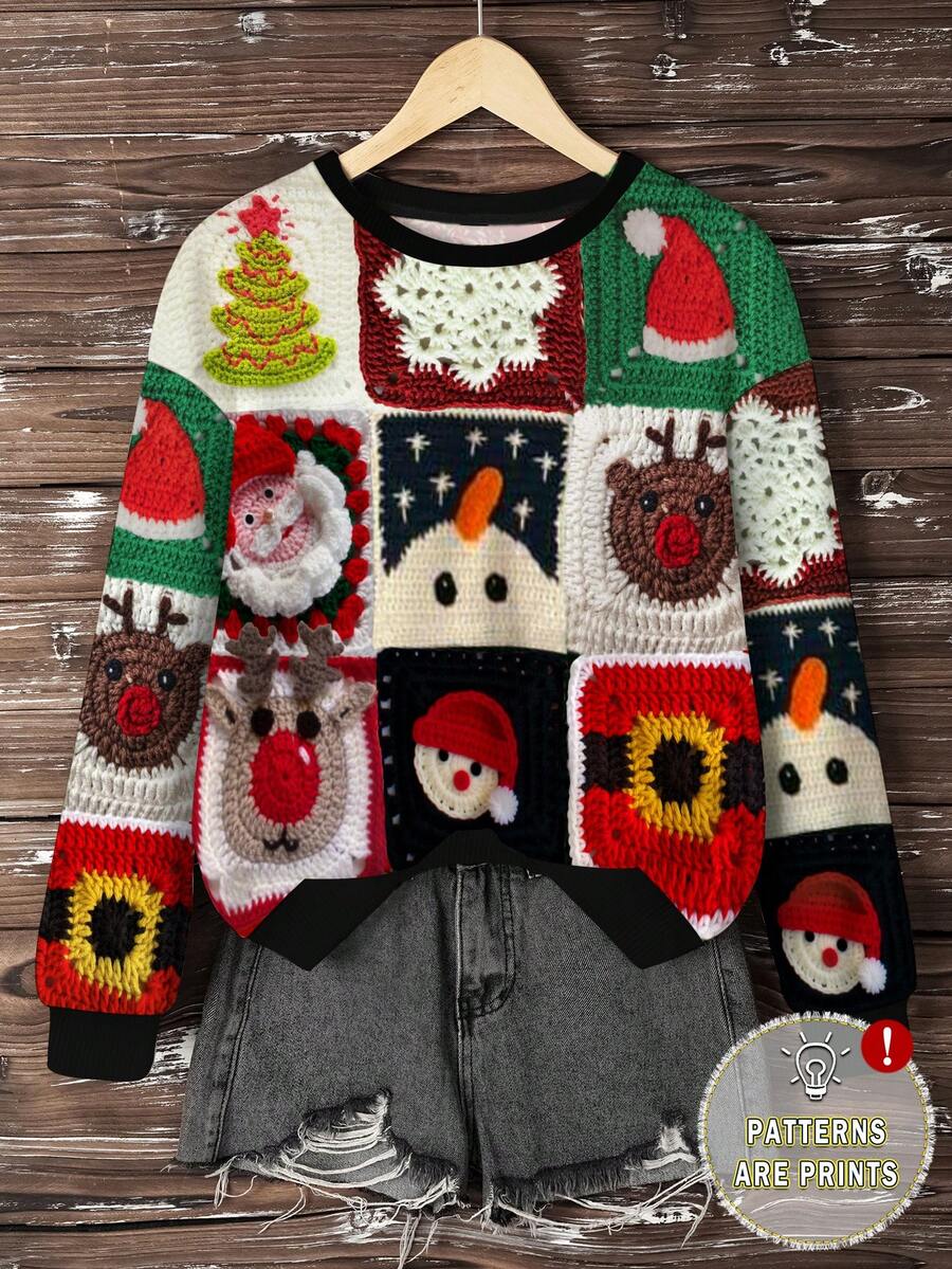 EMERY ROSE 女士卫衣 / 数码印花 / 圣诞图案全身仿毛衣印花 / 圣诞长袖圆领毛绒卫衣 / 休闲复古卫衣，圣诞卫衣秋冬时尚 / 时尚卫衣 / 新年快乐礼物，家庭新年衬衫，圣诞派对T恤上衣，可爱圣诞节节日礼物 / 女士休闲宽松圆领上衣 / 秋冬 - 彩色 - 查看 1