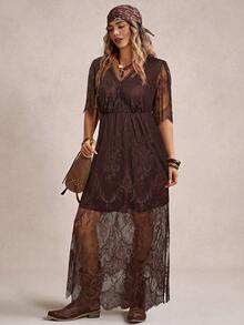 Freevana 夏季乡村音乐节服装纯色度假风格蕾丝连衣裙高开衩音乐节 - 咖啡棕 - 查看 3