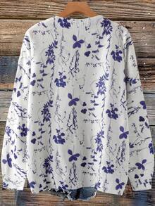 Linhara Damen Pullover in Große Größen mit V-Ausschnitt, Langarm und Blume Muster, Lässig