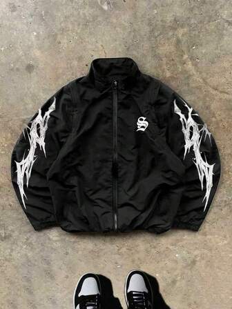 Sport MetroGents Chaqueta deportiva con cremallera y estampado de letras de manga larga para hombre