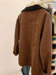 INAWLY 女式撞色领长袖前扣口袋夹克 - 棕色 - 查看 2