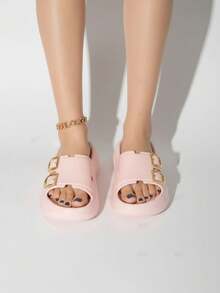 Sandalias para mujer ligeras con suela gruesa, punta redonda, diseño hueco, doble hebilla, estilo minimalista, para playa y ocio - Rosa - Ver 2