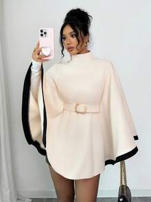 SHEIN Elenzya 女士斗篷式喇叭袖休闲优雅街头风通勤商务浪漫约会派对圣诞节秋冬杏色外套 - 彩色 - 查看 10