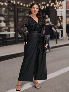 SHEIN LUNE Plus Size Women's Sequin Patchwork Long Sleeve Belted Wide Leg Elegant Jumpsuit New Year Sparkly - Black - View 7