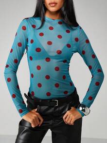 MISSGUIDED Polka Dot Mesh Long Sleeve Top With High Neck For Fall Winter Layering - Multicolor - View 5