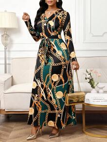 SHEIN Lady Women's Elegant Chain Print V-Neck Belted Fitted Long Dress, Spring/Autumn - Multicolor - View 5