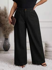 EMERY ROSE Plus Size Casual Versatile Commuting Wide-Leg Jeans - Black - View 1