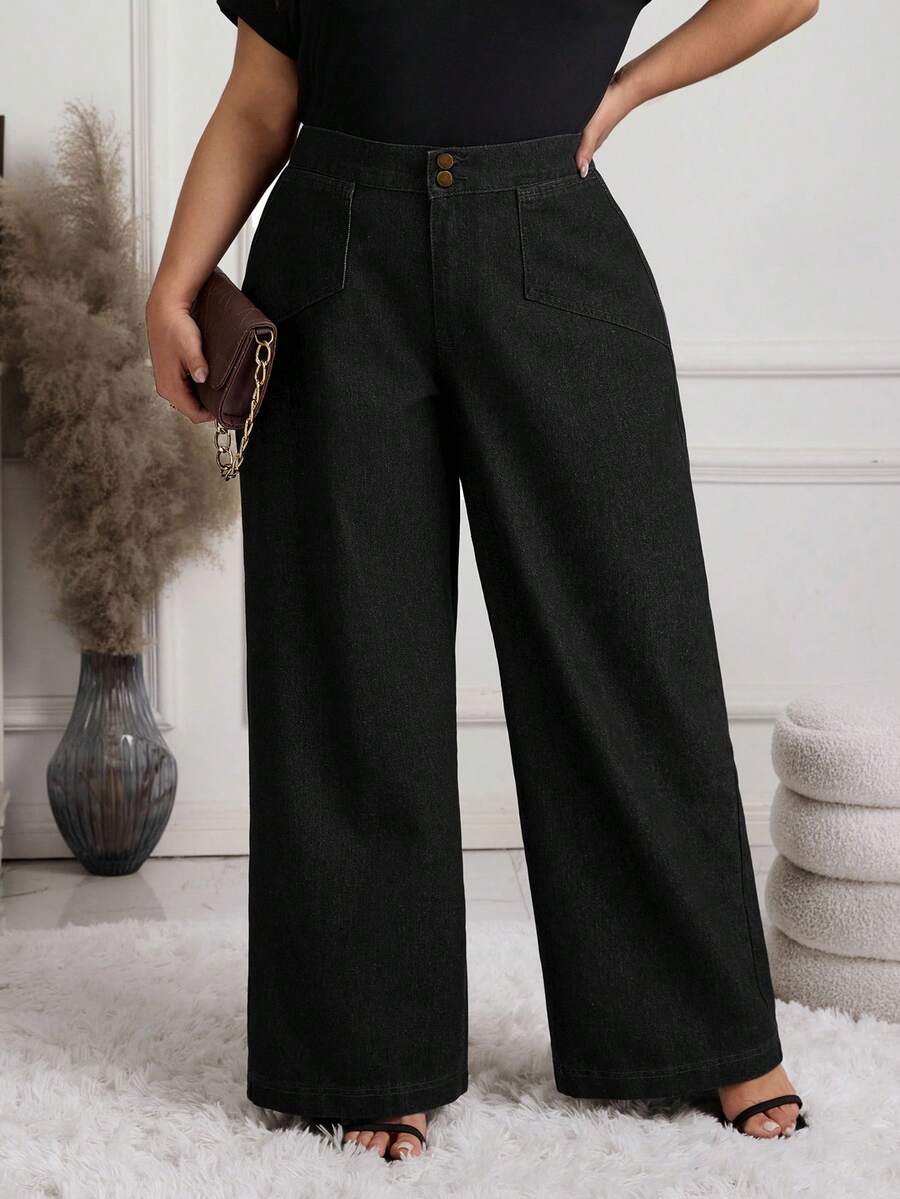 EMERY ROSE Plus Size Casual Versatile Commuting Wide-Leg Jeans - Black - View 1