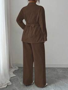 Modelyn 加大码梭织染色棉质长袖裹身上衣和直筒裤两件套服装，适合秋冬季 - 棕色 - 查看 2