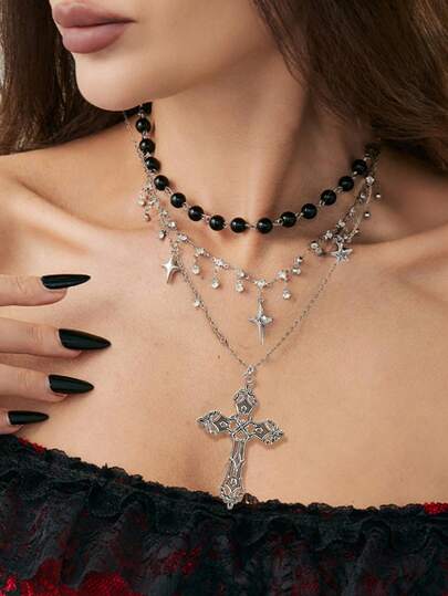 Goth 2pcs Punk Vintage Style Rhinestone Star Pendant Necklace, Luxury Iced Out Double Layer Star Chain Necklace, Streetwear Choker