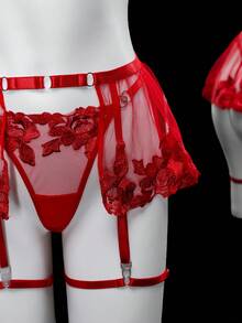 新娘蕾丝刺绣水钻文胸、丁字裤、吊袜带、颈链和2个腿环，6件套性感内衣套装，女士，圣诞节 - 紅色 - 查看 7