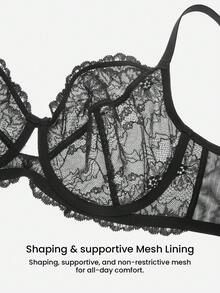 LUVLETTE Plus Full Coverage Breathable Unlined Lace Elegance & Mesh Keyhole Detail Lingerie Lounge Curve Black Sheer Minimizer Bridal Intimates Bra - Black - View 5