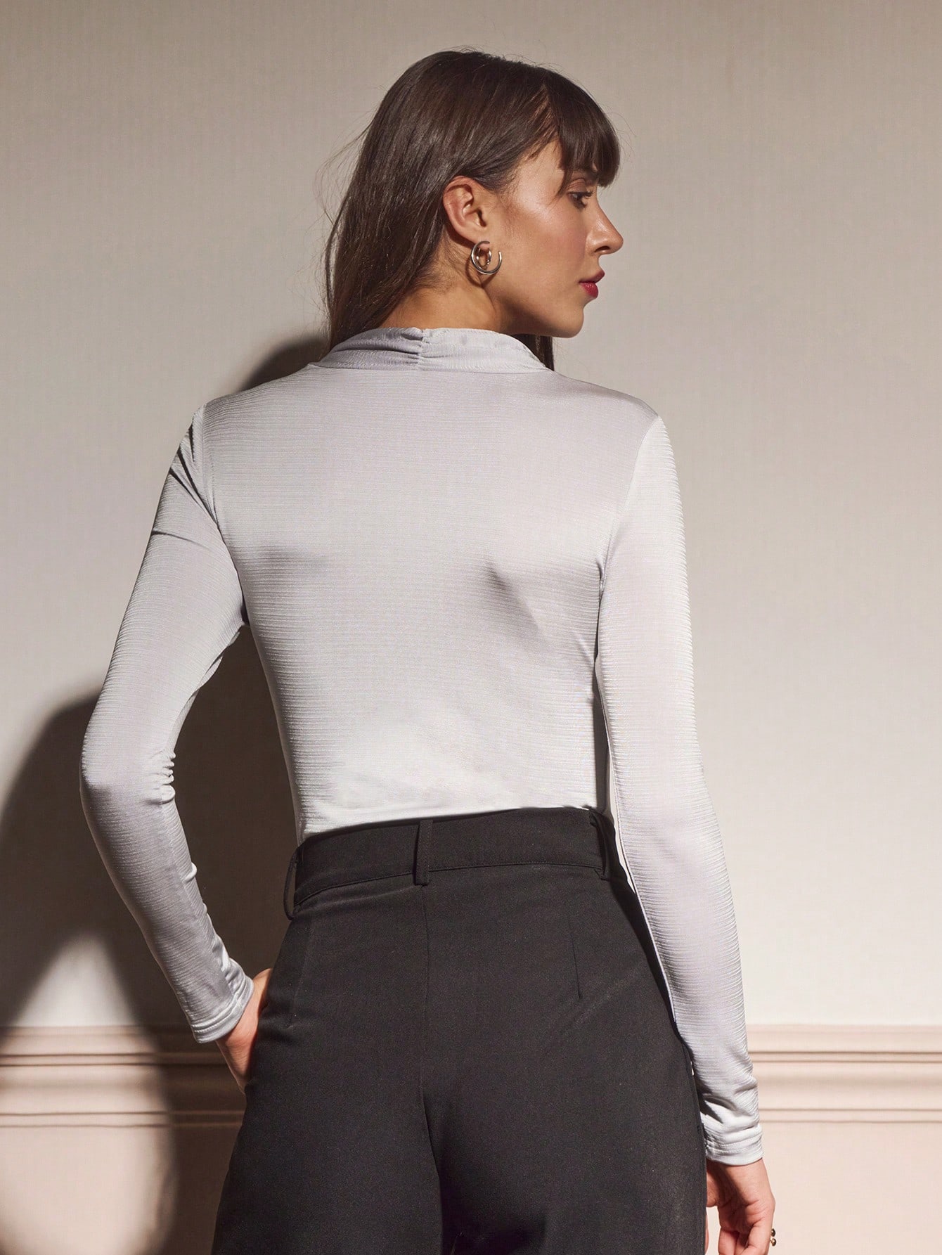 Silver Cowl Neck Long Sleeve Top With Neck Tie Detail Chic Vintage Party Style Autumn Winter