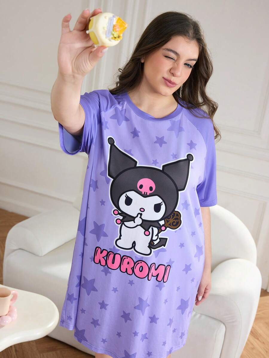 HELLO KITTY AND FRIENDS | SHEIN 大码夏季休闲卡通图案插肩袖睡裙 - 紫色 - 查看 1
