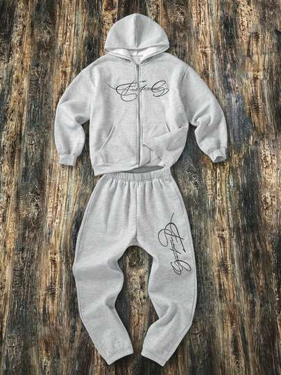 SHEIN Bolty 2pcs/Set Teens Boys Loose Fit Letter Graphic Hoodie And Sweatpants Set Hoodie Set Boys Boys Grey Outfit Boys Autumn Winter Casual Two Piece Set Boys Sweat Suit Burgundy Boho Goth Y2k Rave Vacation Holiday Festival Christmas Fall Winter Vintage Casual Cozy