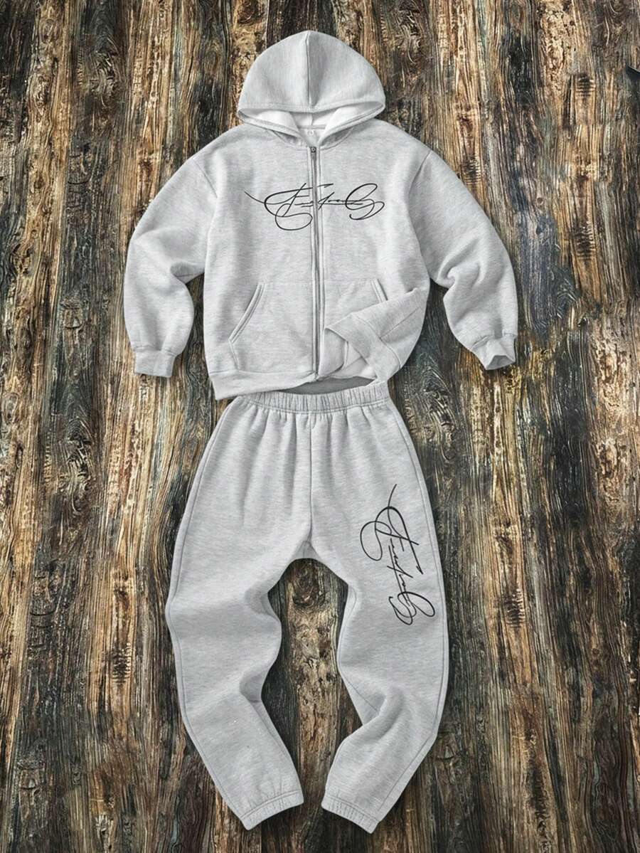 SHEIN 2件套青少年男童宽松字母图案连帽衫和运动裤套装 - 淺灰色 - 查看 1
