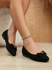 Bailarinas de mujer con lazo decorativo, suave, punta redonda, sin cordones, tacón bajo, estilo escolar para oficina y diario - Negro - Ver 3
