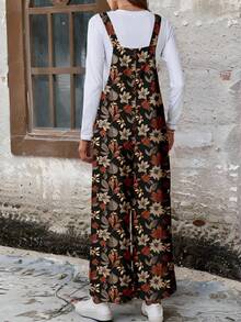 EMERY ROSE Plus Size Casual Leaf Print Loose Wide Leg Jumpsuit, Autumn