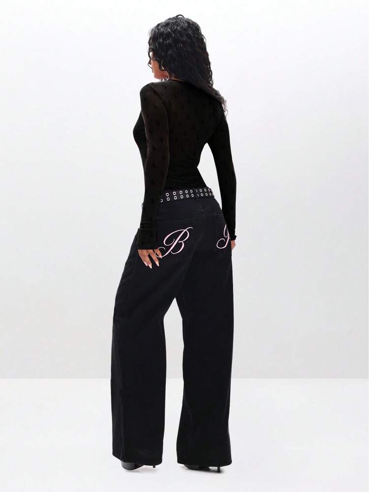 BABYPHAT Flocked Mesh Long Sleeve Bodysuit With High Leg Cut Out Round Neckline For Layering