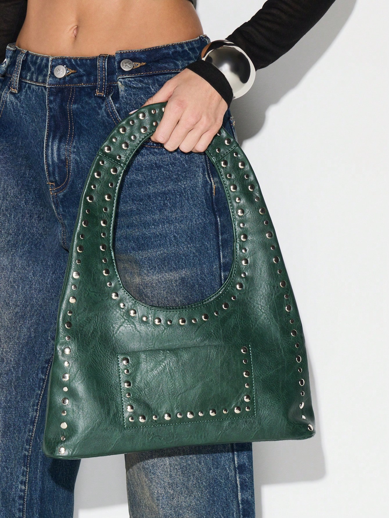 KIZN Studded Hobo Bag With Metal Accents