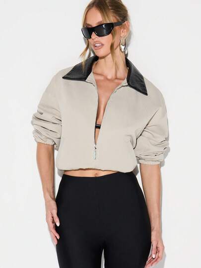 KIZN Oversized Canvas Bomber Jacket With Quilted Collar Cropped Fashion Streetwear Outerwear For Fall Winter