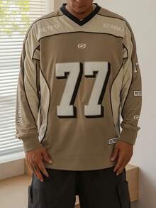 DAZY 男士拼接布料字母图案刺绣印花V领T恤，秋季商务装 - 彩色 - 查看 4