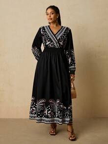 Travachic 大码秋季服装全印花褶皱豹纹长袖连衣裙/秋季连衣裙/秋季女装秋季婚礼宾客连衣裙优雅女士连衣裙商务休闲女士工作服商务连衣裙 - 黑色 - 查看 7