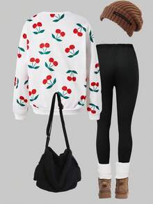 SHEIN ChillGRL Teen Girls Sweatsuit Set, White Digital Print & Black Bow Crew Neck Sweatshirt, Black Skinny Pants, Comfortable Fitted - Multicolor - View 2