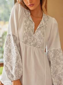 Lullawish Casual Bohemian Loose Long Sleeve Maxi Sleep Dress For Women, Embroidered Night Gown, Winter, Moo Moo Night Dress - White - View 4