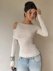 Siren Gaze Áo thun dài tay dáng ôm, màu trơn tối giản, không đối xứng, thích hợp mặc hàng ngày, mùa thu/đông - Màu be - Xem 7