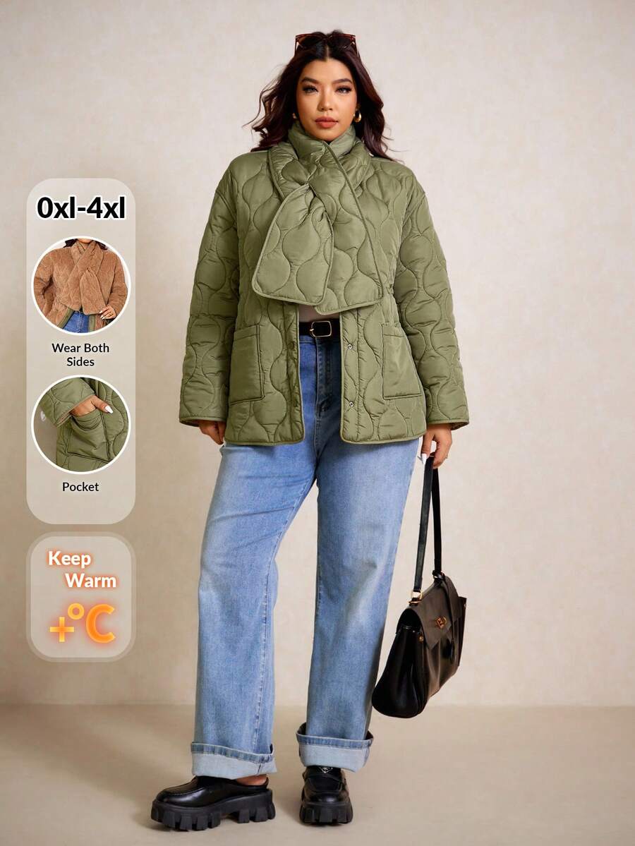 Elaquor Plus Size Winter Coats - Olive Green - View 1