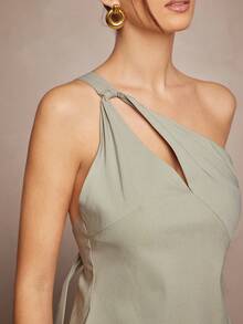 L'Amorae Solid Color Asymmetric Hollow Neck Elegant Sleeveless Top - Army Green - View 5