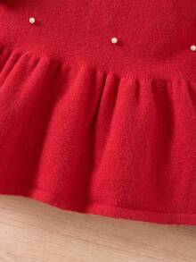 SHEIN Girls' Retro Straight Pearl Elegant Knit Dress, Red Round Neck Beaded Sweater Dress Suitable For Home, Outings, Parties, Back To School Autumn And Winter Young Girls Dressse Girls  Autumn French Style Dress - Red - View 5