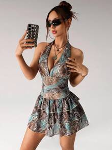 SHEIN ICON 复古豹纹挂脖褶饰腰部多层薄纱连衣裙 - 綠色 - 查看 1