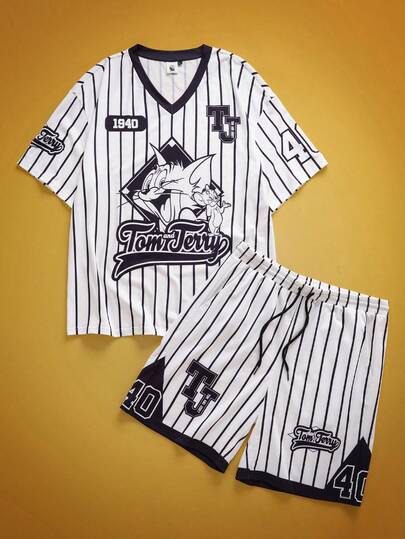 TOM & JERRY X SHEIN 男士休闲条纹卡通印花V领短袖T恤和短裤套装，夏季