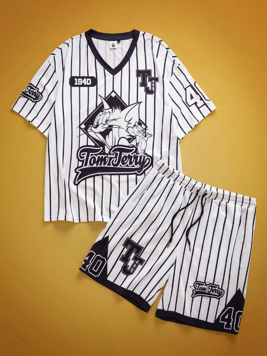 TOM & JERRY X SHEIN Ensemble t-shirt à manches courtes col V et short imprimé rayures et dessins animés, décontracté pour homme, été