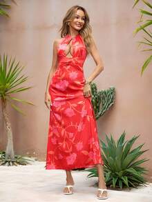 Glamance Carol Caju Women's Elegant Floral Print Hollow-Out Backless Split Dress, Summer Cut Out Maxi Dress Cruise Dinner Dress Vacation Dinner Dress Long Dress Summer Halter Dress Chic Stylish Clothing Collection Long Vacation Dress Tequila Sunrise Dress Hibiscus Dress Backless Summer Dress Tropical Maxi Dress - Multicolor - View 4