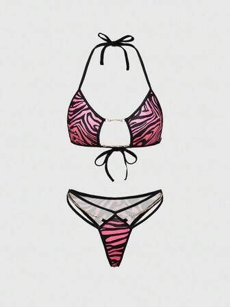 J-Fashion Conjunto de lencería sexy para mujer con estampado de cebra y cadenas de estilo vanguardista Y2K