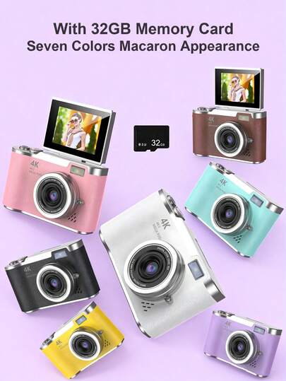 Teckwe 1 Pc 48 Mega Pixels 2.4 Inch Rotating Screen Digital Camera , Rechargeable Camera Ccd With 32g Memory Card & Multiple Filter Modes. Portable Anti-Shake Smart Zoom Portable Camera For Outdoor