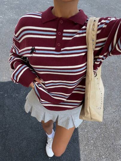 Muchica Women's Colorful Striped Polo Neck Sweater, Autumn/Winter