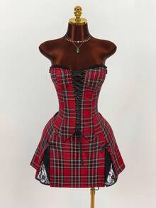 Y2K Amplova Christmas Punk Plaid Vibe Crop Top And Low Waist Mini Skirt Set For Women , Autumn/Winter Thanksgiving And New Year - Multicolor - View 3