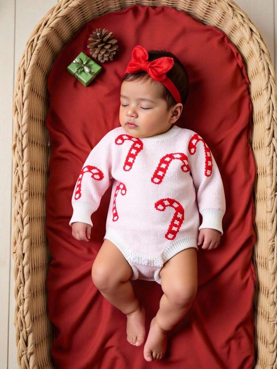 SHEIN Baby Mädchen/Jungen Weihnachts-Strickpullover, Langarm-Bodysuit, bequem für Herbst/Winter, süßes Zuckerstangen-Muster, geeignet für Feiertage, Weihnachten, Reisen, Partys