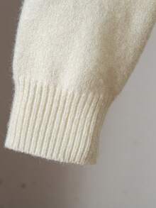 SHEIN Girls & Teens' Jacquard Knit Cardigan, V-Neck Button Contrast Color Long Sleeve, Apricot Cartoon Face & Letter Jacquard Pattern, Casual Loose Street Style Knitted Outerwear Cute Cardigan Children Cardigan Button Up Sweater Tween Sweater Kids Clothes - Beige - View 6