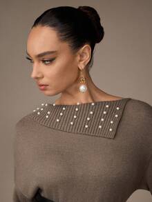 Modelyn Women's Off Shoulder Pearl Embroidered Knit Dress Winter Dress - Army Green - View 3