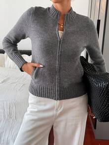 Livesso Damen einfarbiger Lässig Office Wear Stehkragen Mode Strickjacke, Herbst/Winter - Grau - Übersicht 4