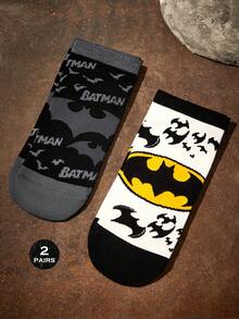 BATMAN X SHEIN 2 双柔软透气吸湿排汗休闲短袜，带蝙蝠图案，时尚酷炫黑白短袜，加固脚趾和脚跟，经久耐用，男女通用，四季百搭夏冬图案袜子 - 彩色 - 查看 2