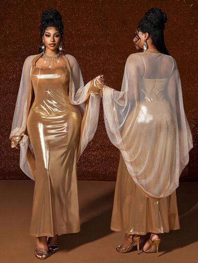 Maweii Christmas Plus Size Women's Elegant Party Sexy Glamorous Shiny Coated Elastic Fabric Fitted Mesh Splice Cape Jacket And Elastic Fitted Waist Mermaid Hem Bodycon Dress 2 Piece Set